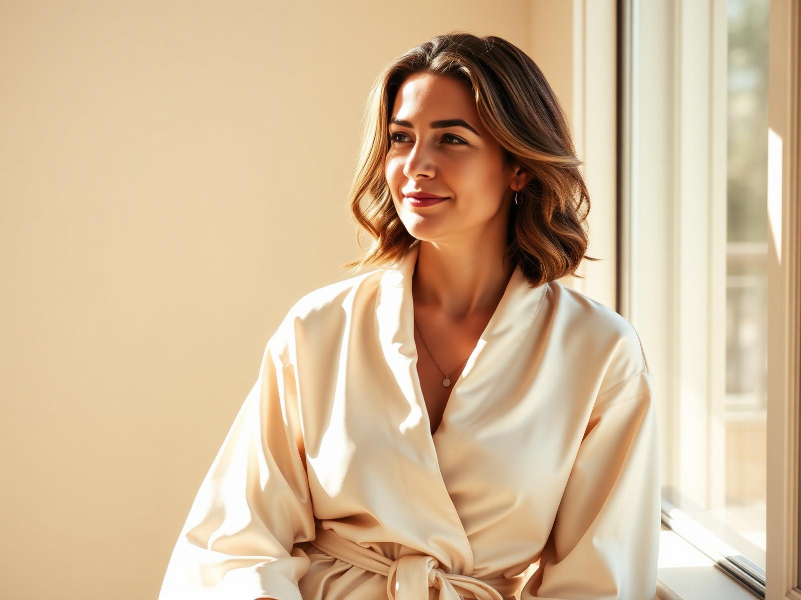 Calm, confident woman in a soft cream silk robe by a sunlit window — quiet, considered intimate wellness at Ridgeline.