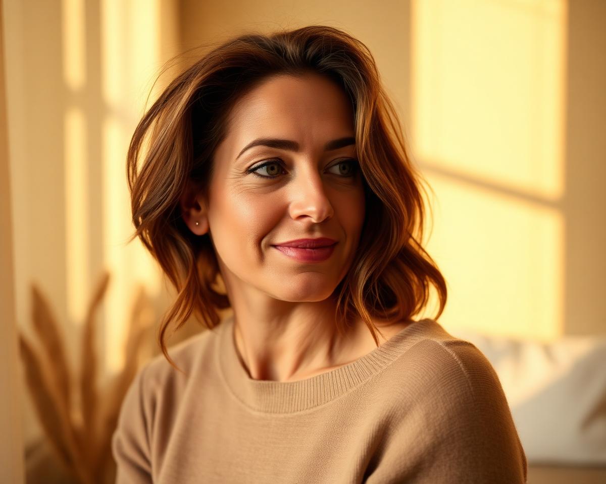 Calm, content woman in warm golden-hour light representing women's sexual health care at Ridgeline.