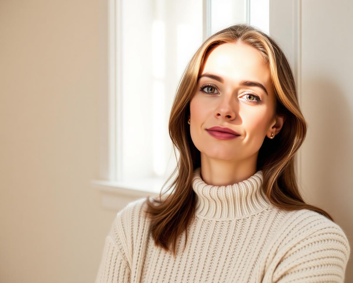 Serene woman in soft cream knit in natural window light, conveying quiet confidence and women's intimate wellness at Ridgeline.