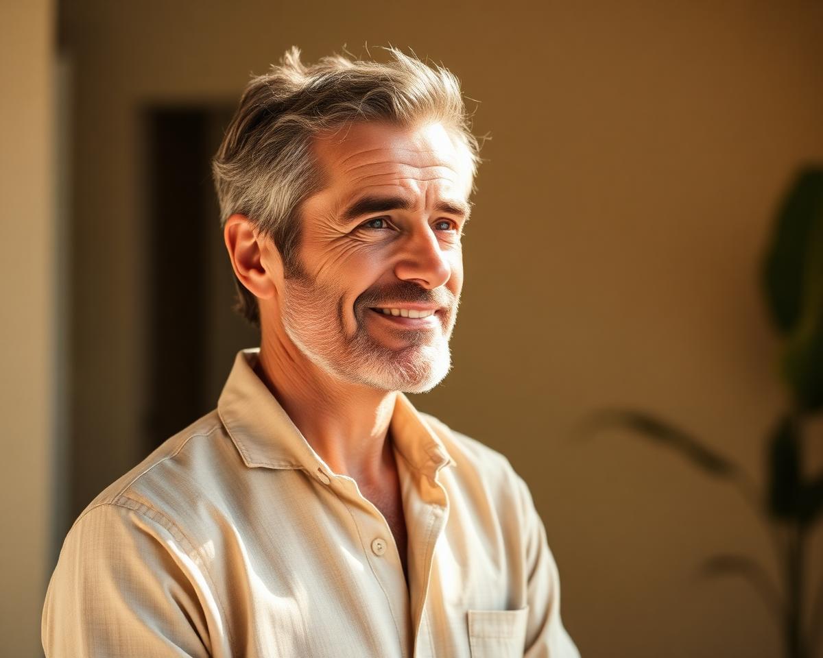 Confident, healthy man in his late forties in warm natural light, representing men's vitality care at Ridgeline.