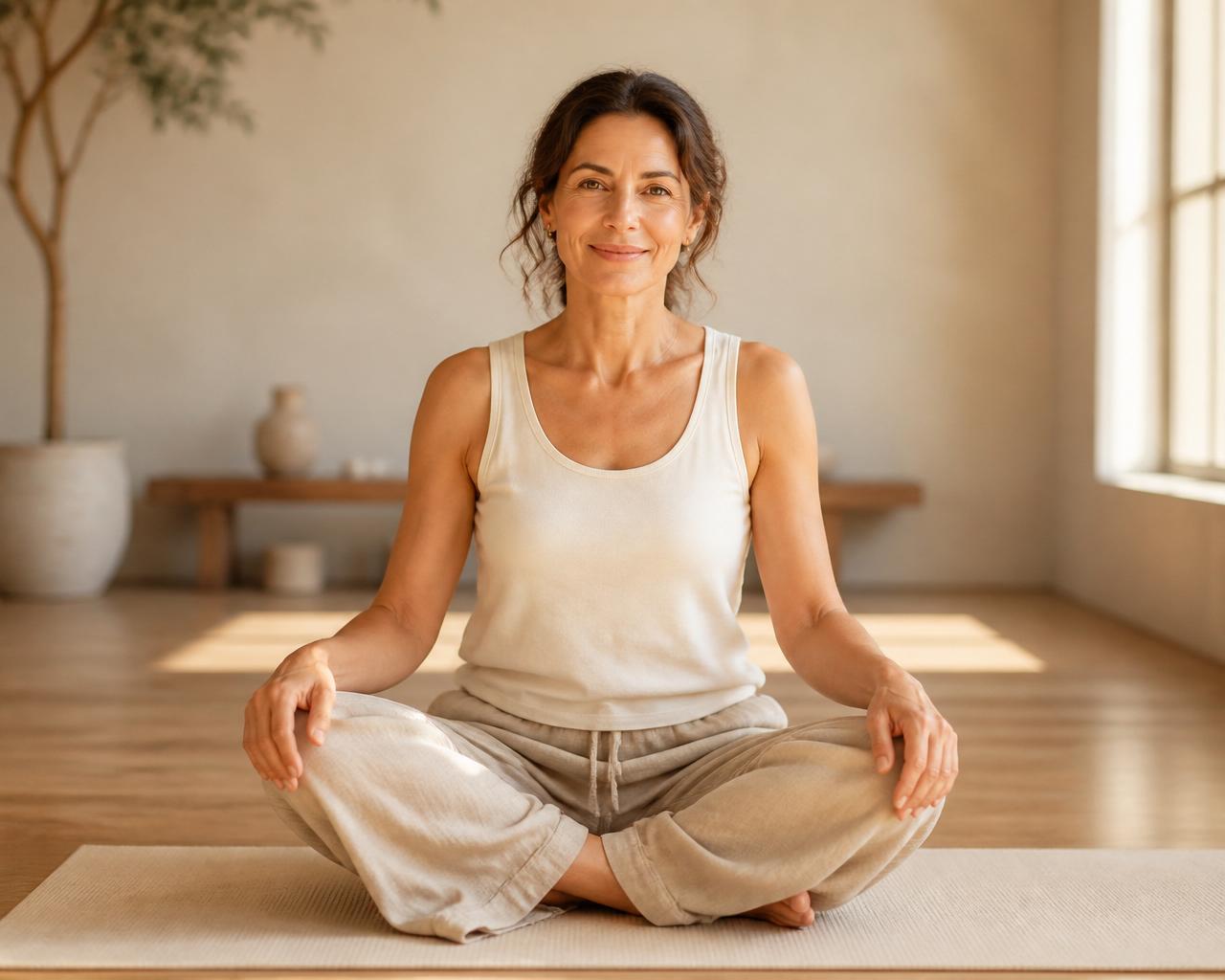 Calm woman seated cross-legged on a yoga mat in a sunlit studio, conveying ease and confidence after pelvic-health care at Ridgeline.