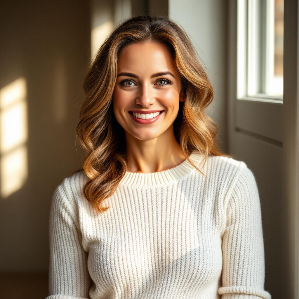 Confident woman in soft cream knit radiating quiet wellness after Alma Duo care at Ridgeline.