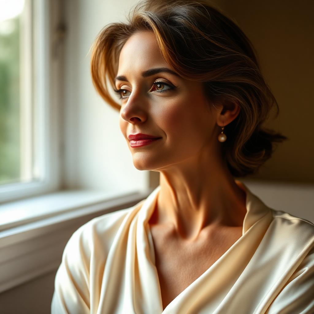 Elegant woman in soft cream silk in warm window light, conveying quiet confidence in women's intimate rejuvenation at Ridgeline.