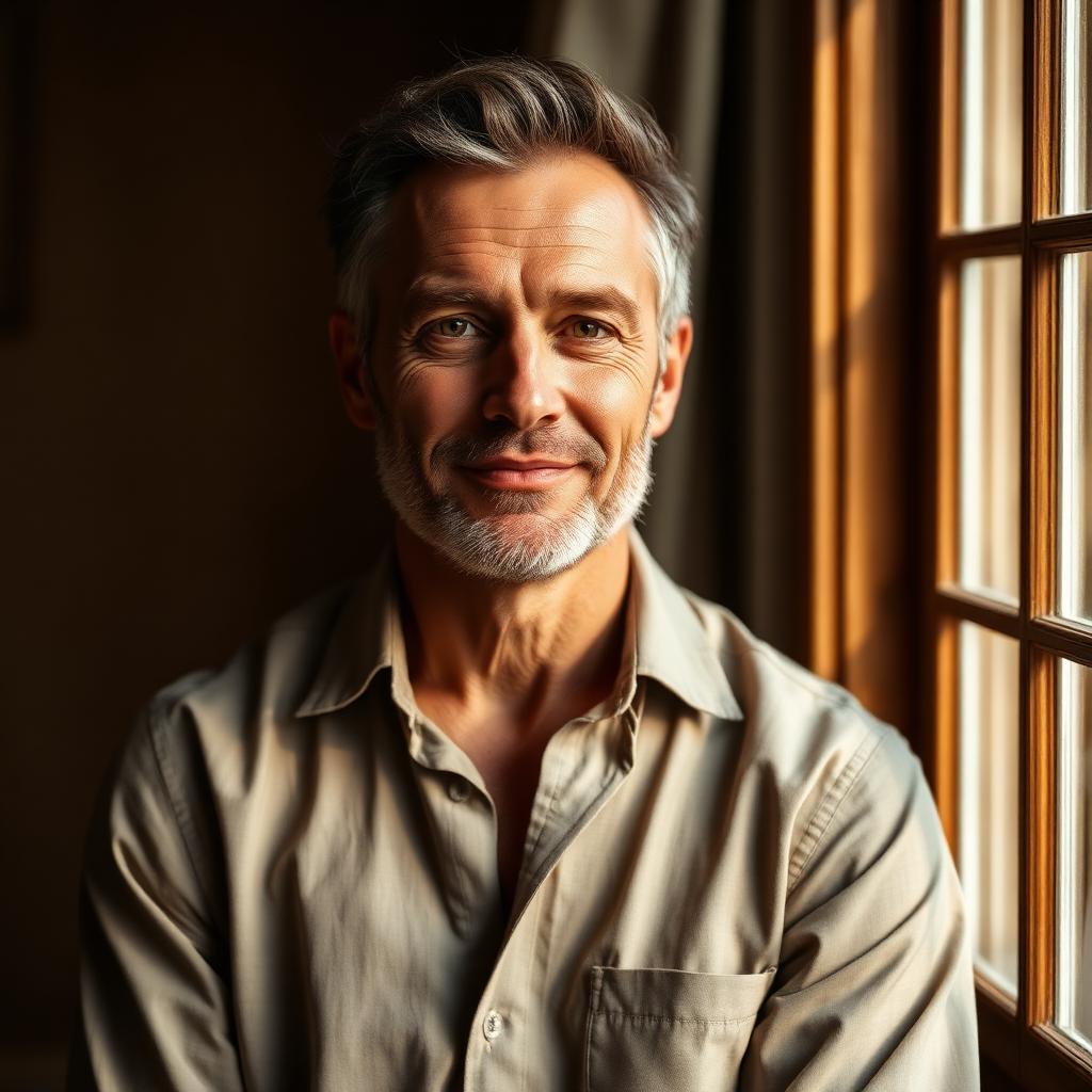 Confident, grounded man in a neutral linen shirt in warm natural light, representing men's intimate rejuvenation care at Ridgeline.