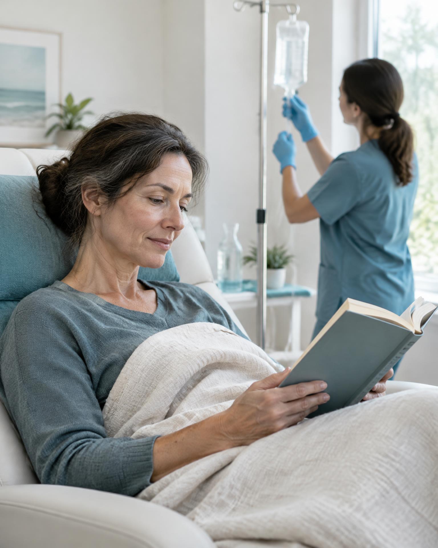 A patient having a quiet glutathione IV consultation in a Ridgeline wellness room.
