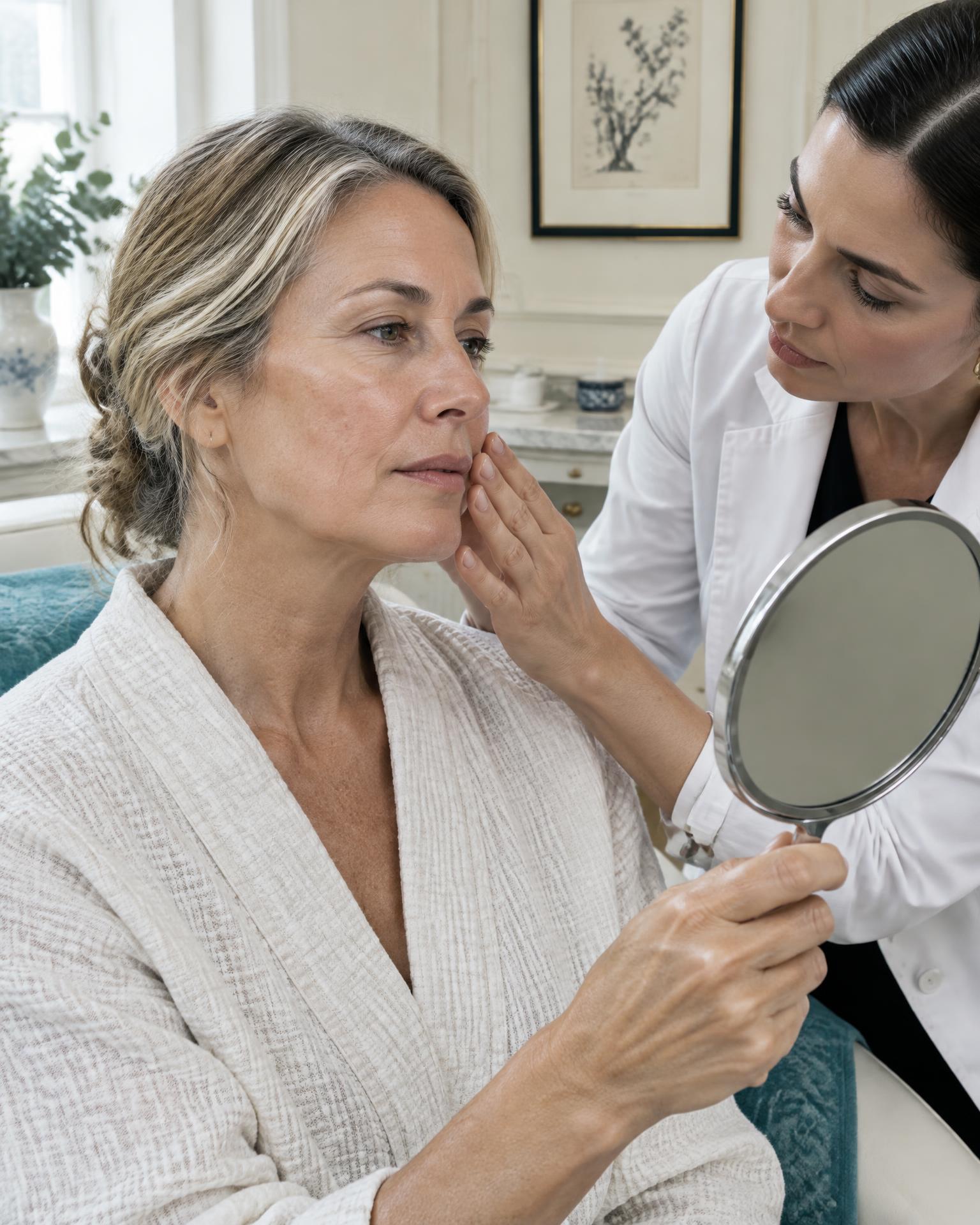 A patient and aesthetics professional reviewing a personalized Harmony XL Pro skin plan at Ridgeline.