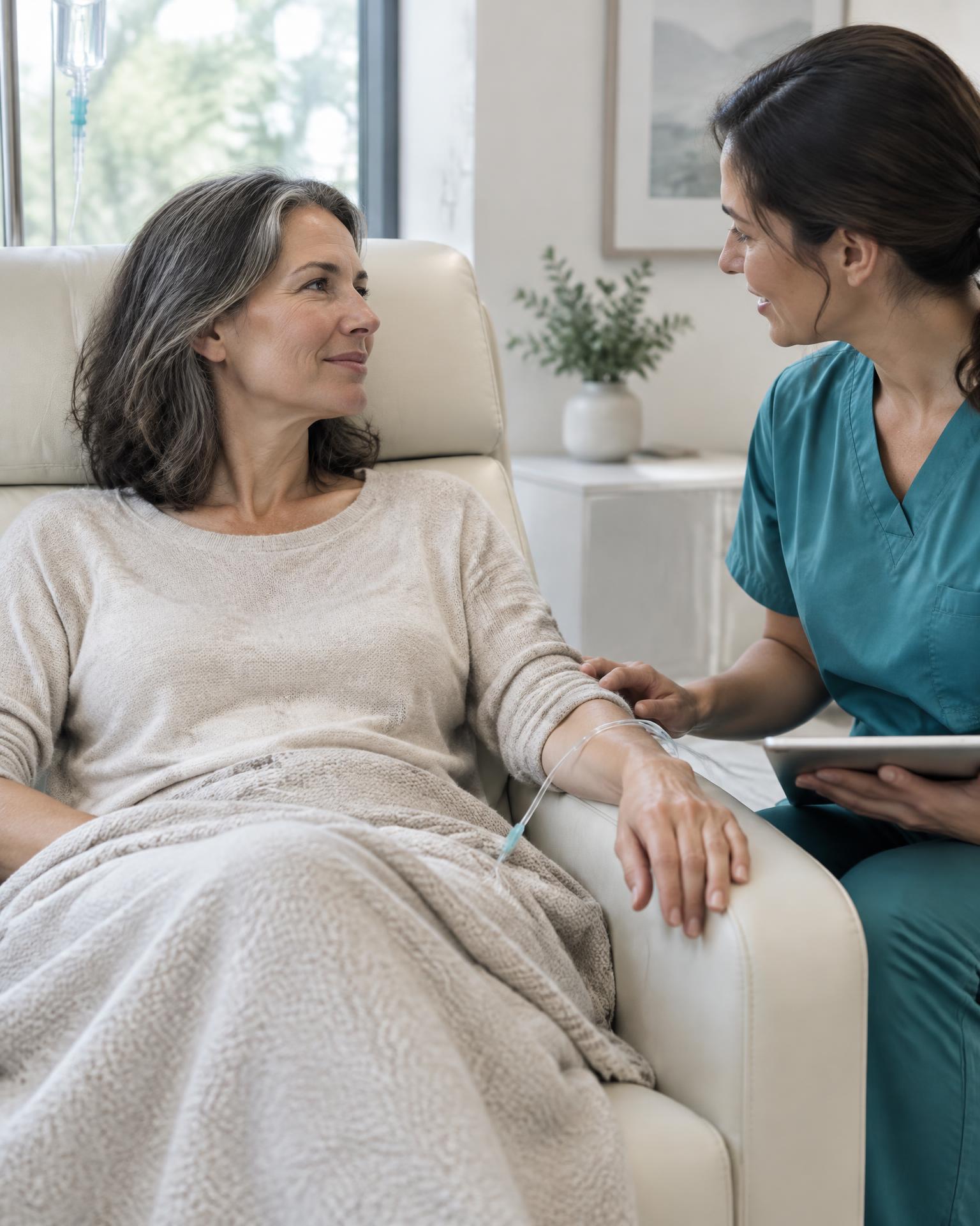 A patient relaxing in a bright Ridgeline wellness room during an IV therapy visit.