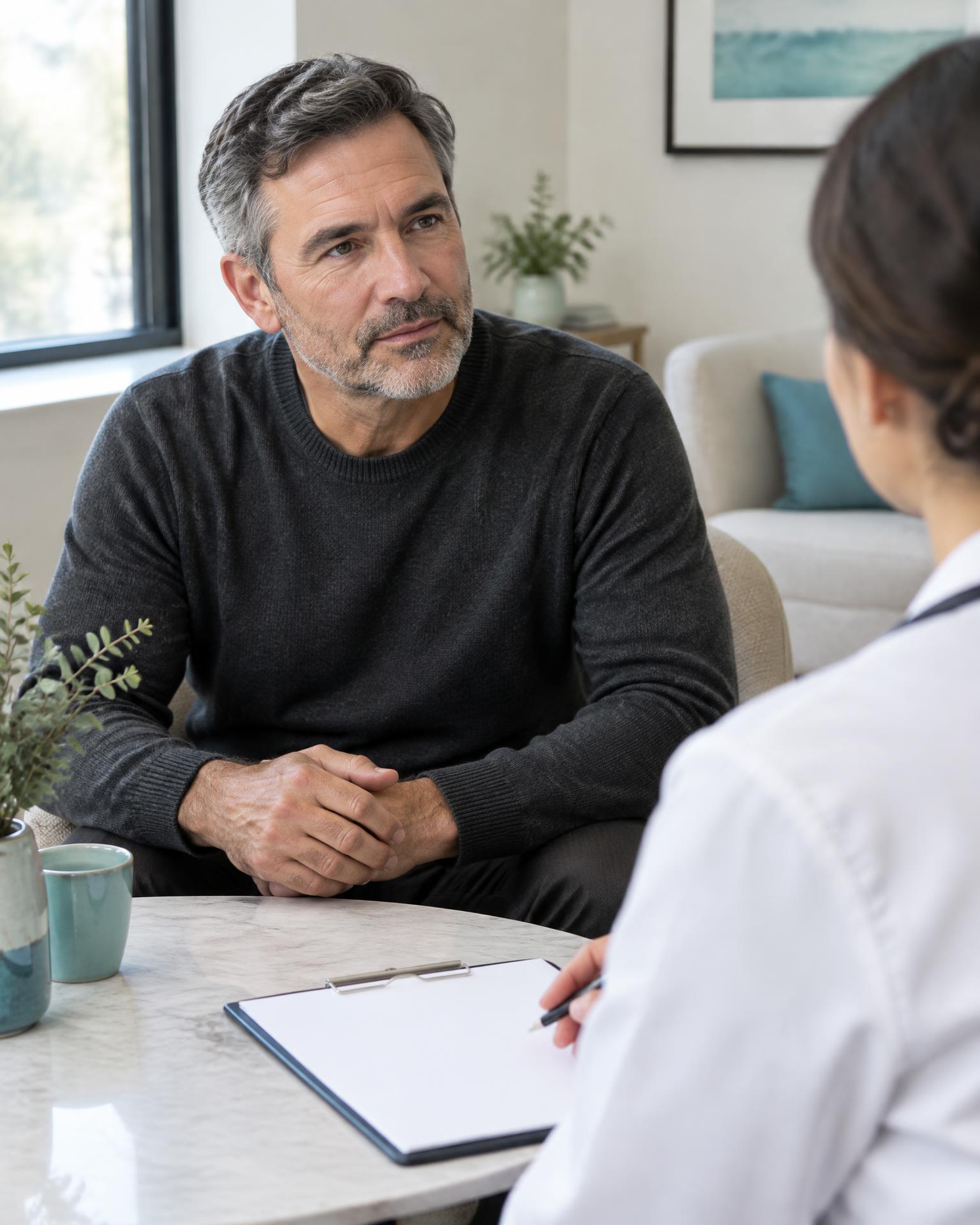 A patient speaking with a Ridgeline professional about a methylene blue IV visit.