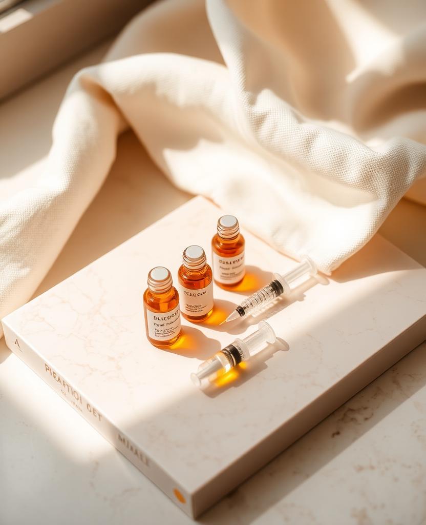 Peptide therapy vial and syringe arranged on a clean tray in the Ridgeline longevity clinic.