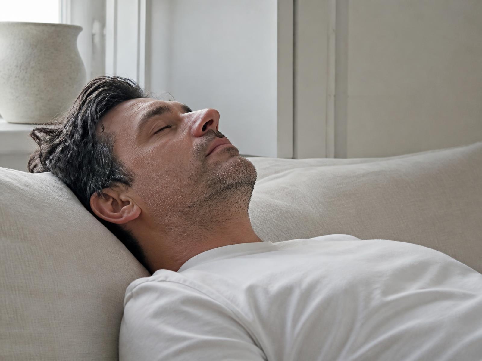 A man lying back on a daybed with his eyes closed, breathing slowly in quiet daylight