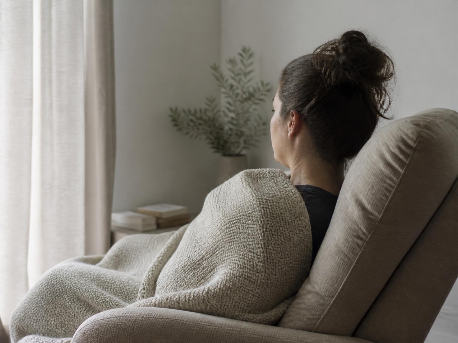 A woman settled into a wide recliner under a soft knit blanket, looking toward a bright window