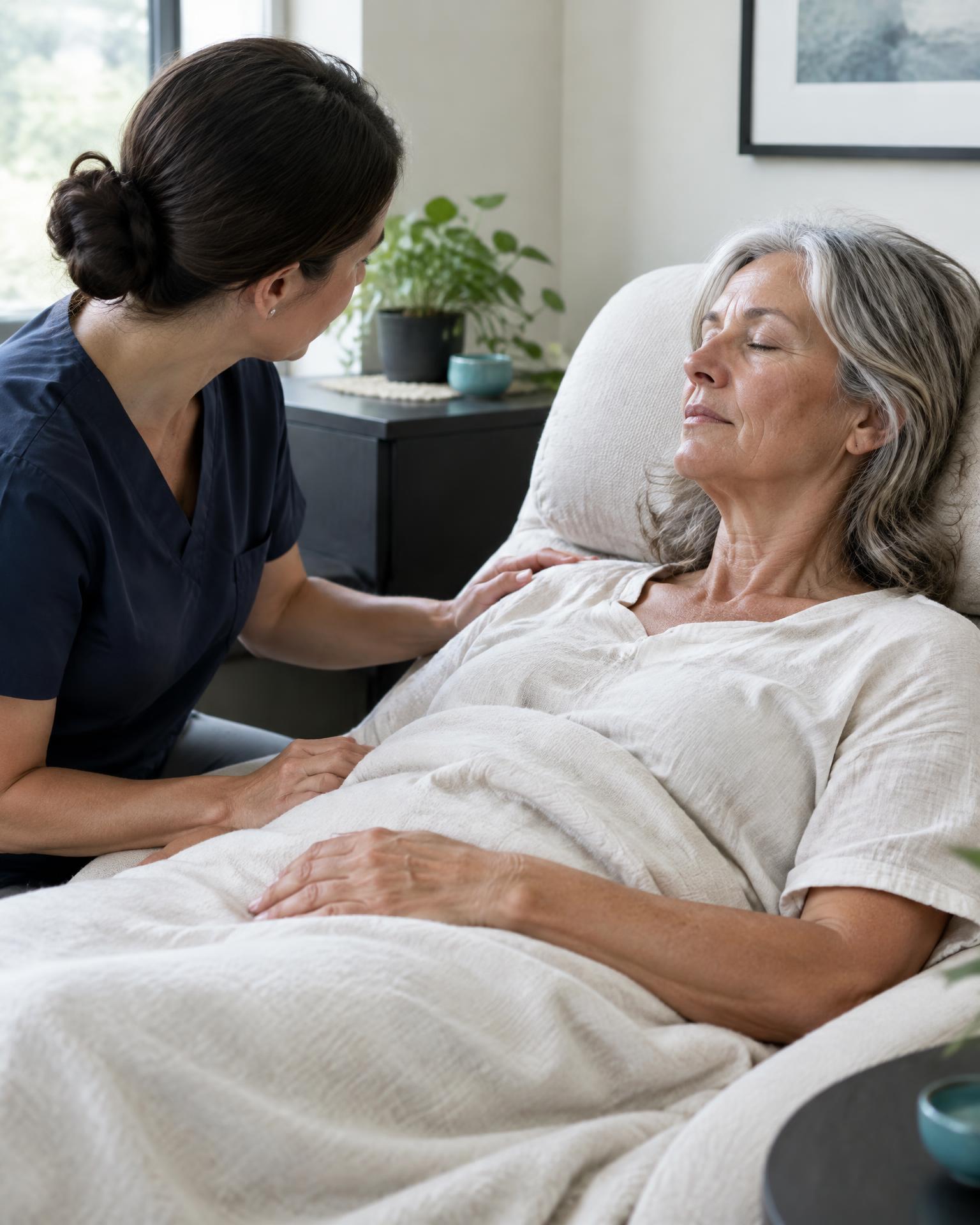 A patient resting in a calm Ridgeline wellness room during a procaine IV visit.