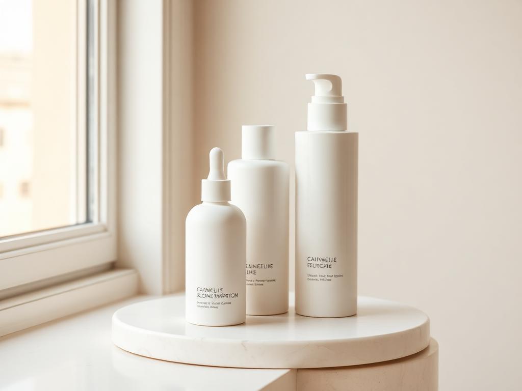 Minimalist Epicutis skincare bottles arranged on a refined ivory surface in the Ridgeline retail area.