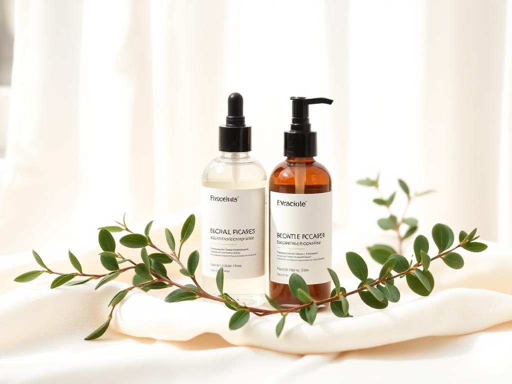 Roccoco Botanicals skincare products styled with fresh botanicals on a calm linen surface at Ridgeline.