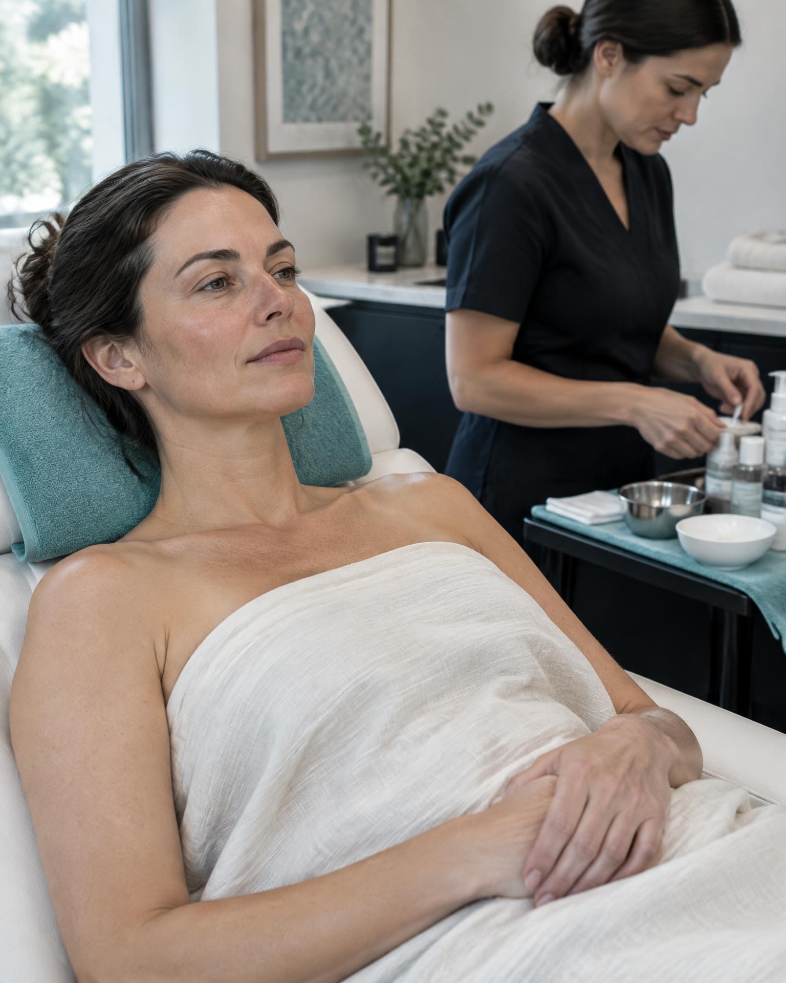 A patient resting comfortably while an aesthetics professional prepares for a SkinStylus appointment at Ridgeline.